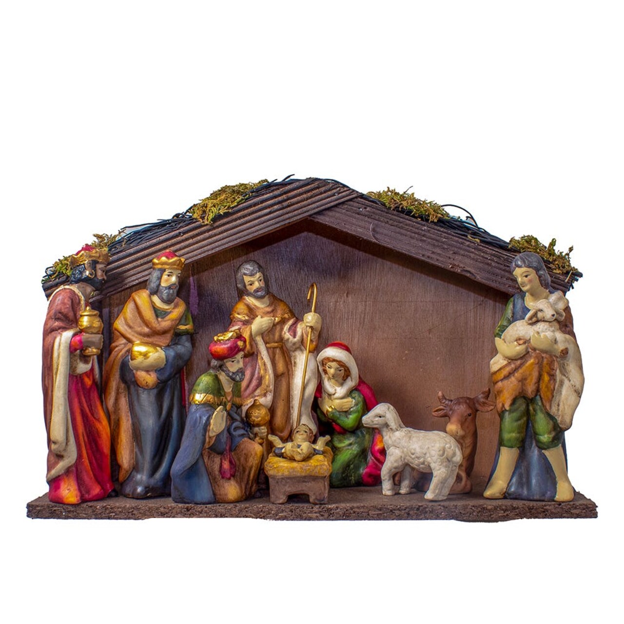9 Piece Porcelain Nativity Figures With Wooden Stable - 5 Inch Scale